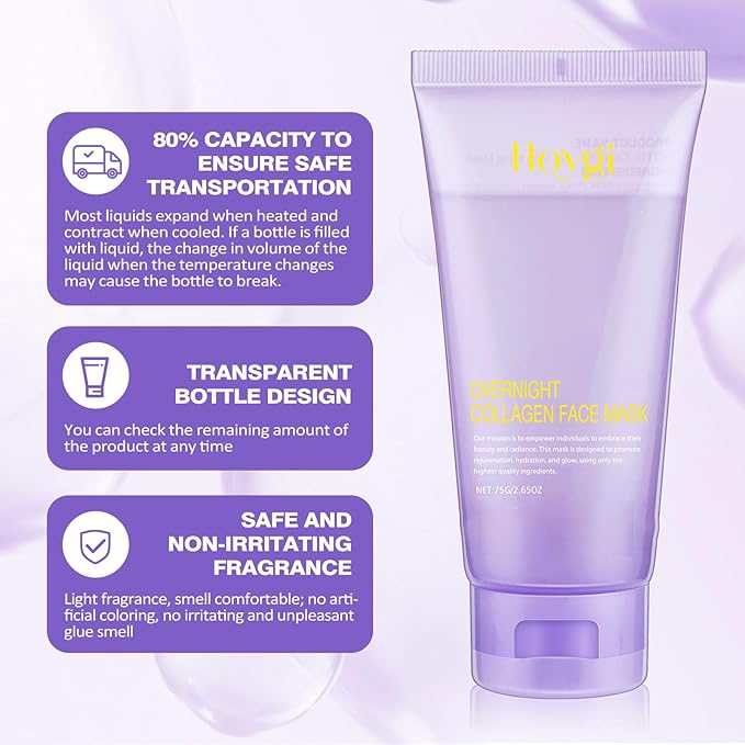 Collagen Night Wrapping Mask with Brush - Hydrolyzed Collagen Overnight Wrapping Peel Off Facial Mask Pack - Tightens & Hydration Collagen Face Mask Skin Care, Reduces Sagging & Dullness(2.54 fl.oz)