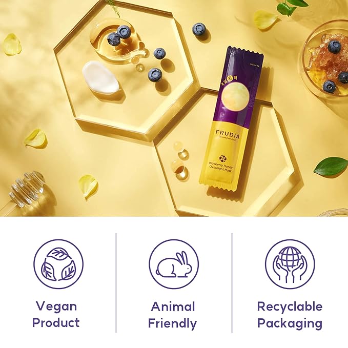 FRUDIA WELCOS Blueberry Honey Overnight Face Mask Korean Skin Care Facial Mask for Lackluster & Parched Skin Hydrating Moisturizing Face Mask w/Fruit Seed Oil Blueberry & Honey Extracts (Pack of 20)