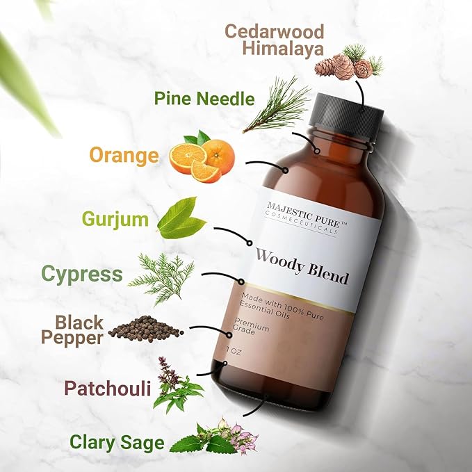 Majestic Pure Wood Essential Oil Blend | 100% Pure Premium Oil for Peace, Harmony | Pine Needle, Cypress, Orange, Himalaya Cedarwood Essential Oil for Diffusers & Aromatherapy | 1oz