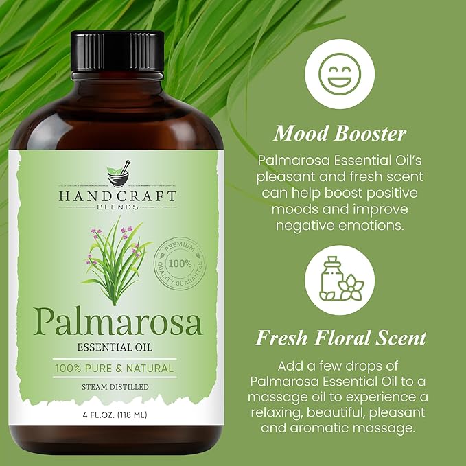 Handcraft Blends Palmarosa Essential Oil - Huge 4 Fl Oz - 100% Pure and Natural - Premium Grade Essential Oil for Diffuser and Aromatherapy