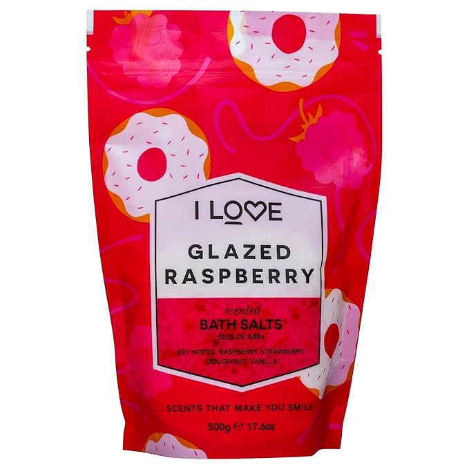 I LOVE Glazed Raspberry Scented Bath Salts - Soothing, Hydrating Bath Soak - Relaxing Bath Salts with Raspberry Donut Scent - Skin-Softening - 17.6 oz
