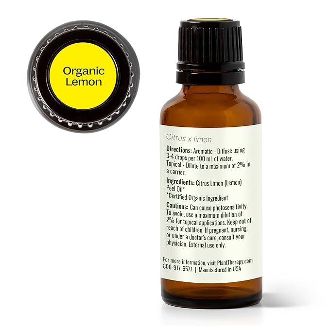 Plant Therapy Organic Lemon Essential Oil 100% Pure, USDA Certified Organic, Undiluted, Natural Aromatherapy, Therapeutic Grade 30 mL (1 oz)