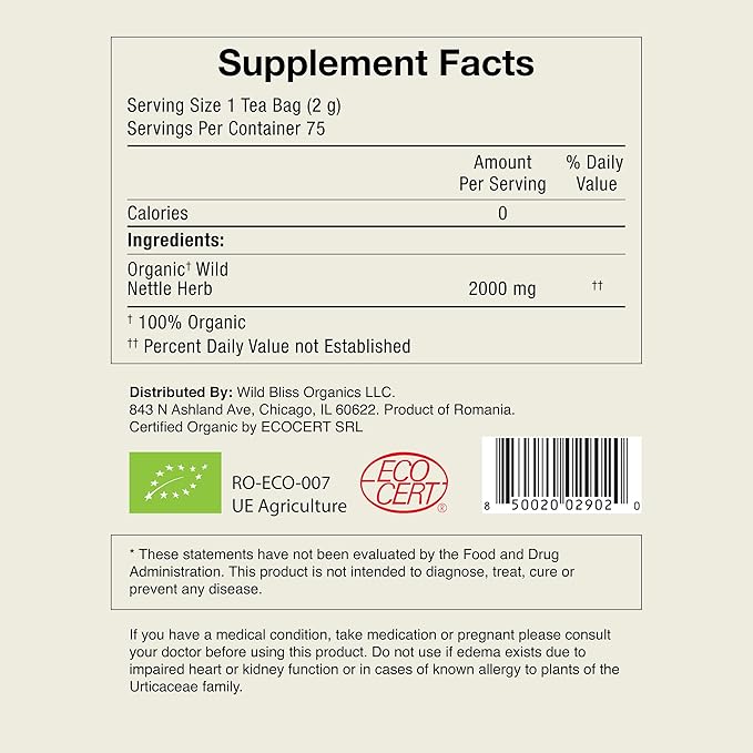 Wild Bliss Organic Wild Stinging Nettle Leaf Tea - Caffeine Free Urinary Tract and Joint Health Herbal Support - Pharmacopoeia Potency - 75 Plant Based Tea Bags