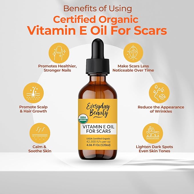 Organic Vitamin E Oil for Scars - All Natural & Vegan Skin Moisturizer 4.06oz - Light & Unscented Great for Scars After Surgery - Reduce Wrinkles, Anti Aging, Lighten Dark Spots -Face, Skin & All Over
