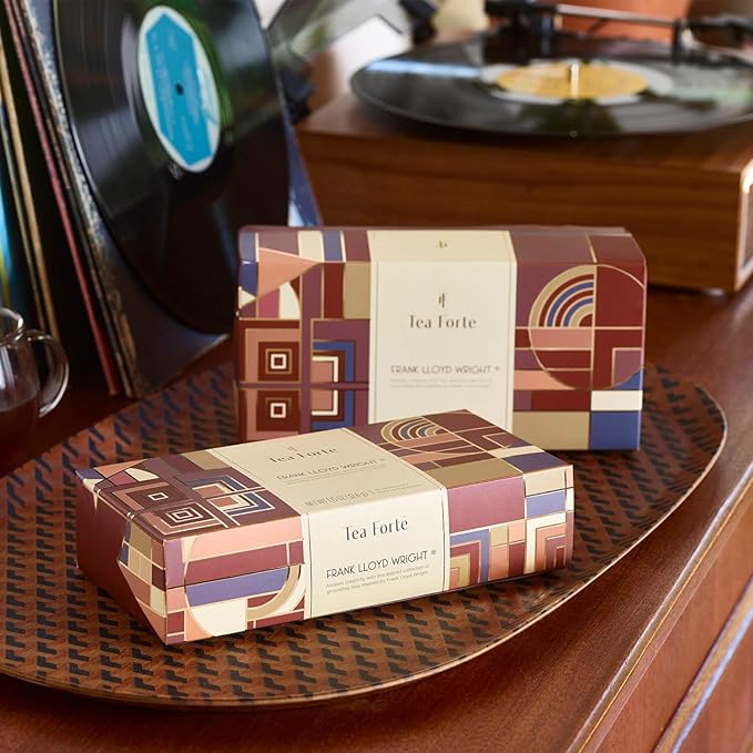Tea Forte Frank Lloyd Wright Petite Presentation Box Tea Gift Set Sampler, 10 Count, 2 of Each Variety Individually Wrapped Handcrafted Pyramid Infuser Bags
