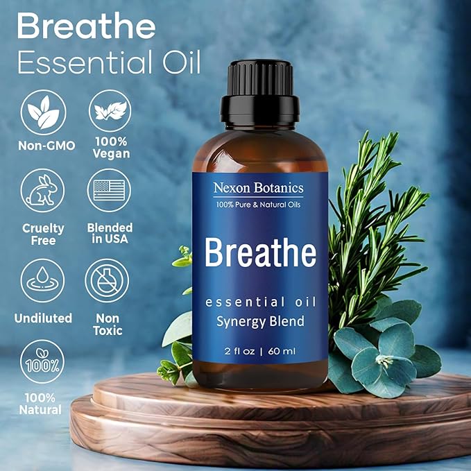 Breathe Essential Oil Blend 60 ml - Breath Sinus Relief with Menthol Oils - for Humidifiers, Diffusers, and Aromatherapy - Nexon Botanics