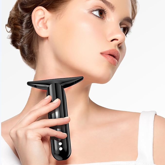 Facial Neck Massager Portable Charging Dock - 3 Heat Settings, Vibrating Face Massage, 9-Color LED Light & 72Hrs Battery | Home Spa Travel Skincare - Black