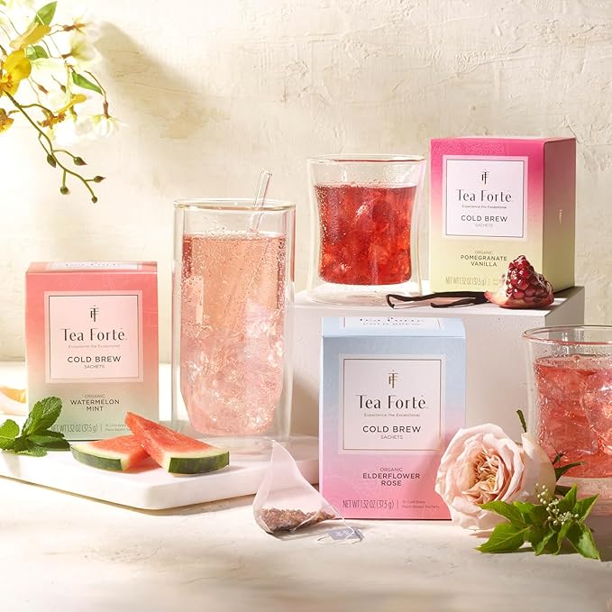 Tea Forte Watermelon Mint Cold Brew Iced Tea, Organic Caffeine Free 15 Sachet Infuser Tea Bags, Steeps in Cold Water