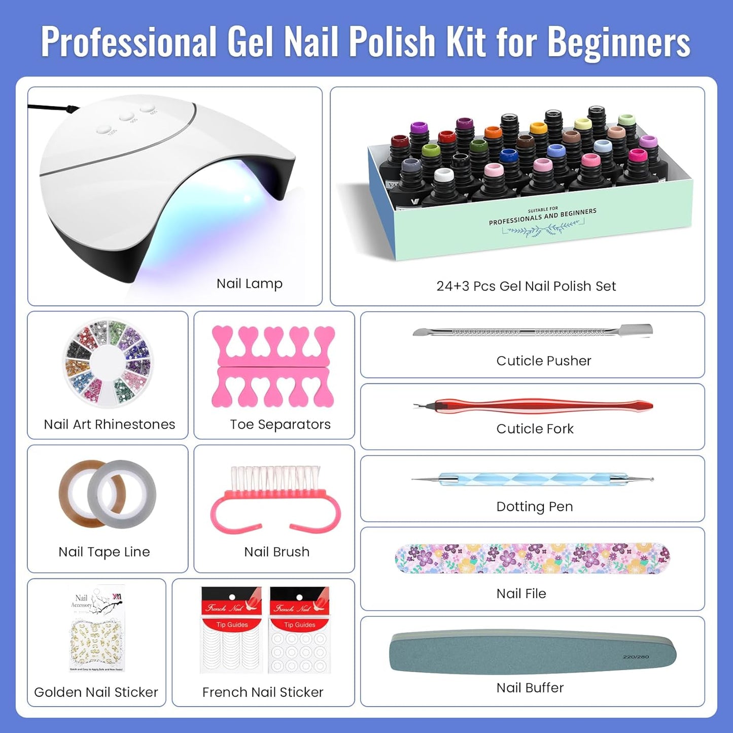 VANREESA 42 Pcs Gel Nail Polish Kit with U V Light 24 Colors Gel Polish Nail Kit Pink Red Orange Yellow Green Brown Blue Purple Gray Complete Nail Kit with Manicure Tools Gifts for Women