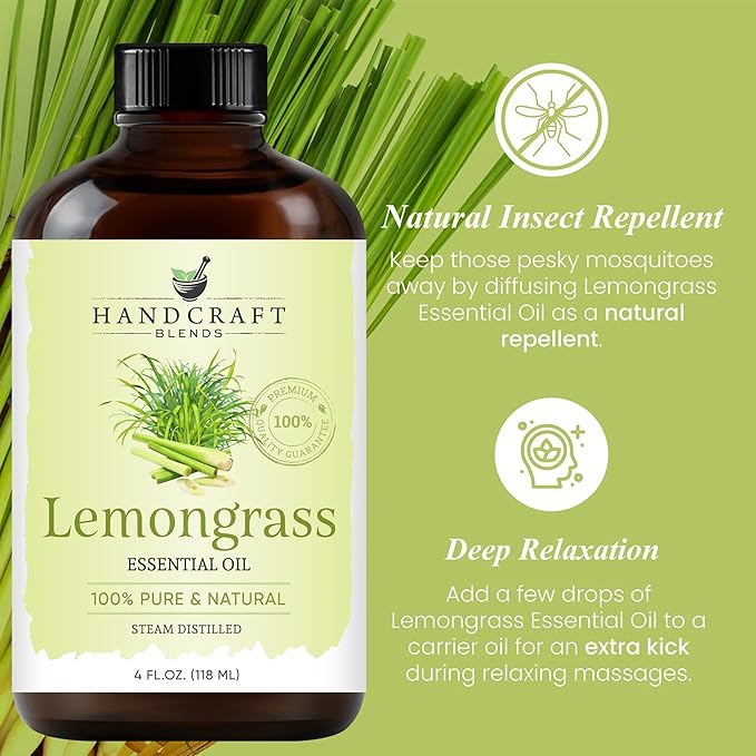 Handcraft Blends Lemongrass Essential Oil - Huge 4 Fl Oz - 100% Pure and Natural - Premium Grade Essential Oil for Diffuser and Aromatherapy