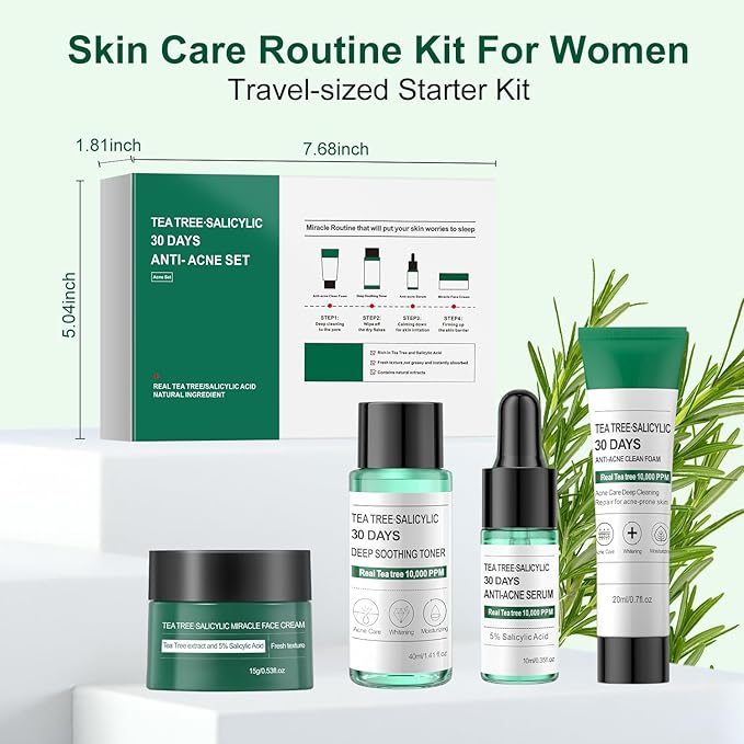 Skincare Mini Kit, Tea Tree Skin Care Sets & Kits, Acne Skincare Set Gifts, Anti Acne Facial Kit Gifts for Women,Cleanser, Toner, Serum, Cream,Oil Control Facial Kit, Airplane Friendly Sizes