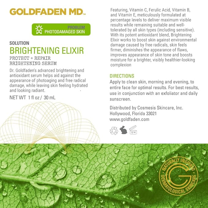 GOLDFADEN MD Brightening Elixir | Serum w/Vitamin C, Ferulic Acid, Vitamin B & Vitamin E | Helps Aid Against The Appearance Of Photoaging | Leaves Skin Feeling Hydrated & Looking Radiant 1fl oz