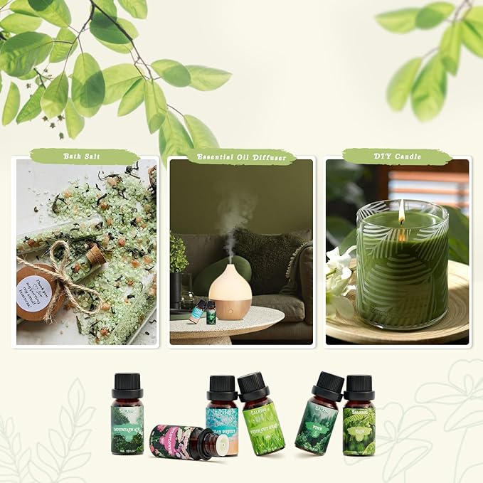 SALKING Nature Fragrance Oils, Premium Essential Oil for Diffuser, Scented Oil Gift Set for Soap Candle Making - Pine, Ocean Breeze, Rain, Fresh Cut Grass, Wildflowers, Mountain Air