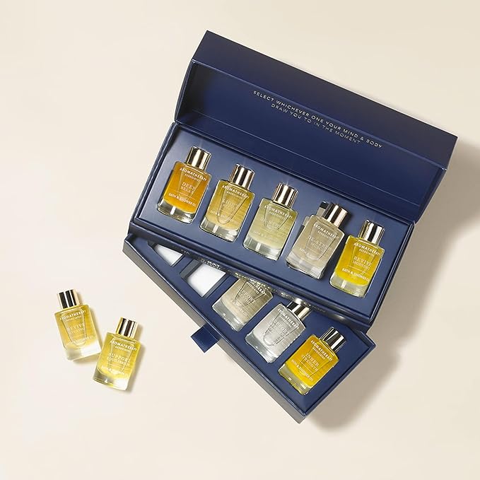 Aromatherapy Associates Essential Oil Blends for Dry Skin Oil & Body Oil for Men & Women, Luxury Shower Oil for Daily Aromatherapy Bath & Body Care, 10 Pack (0.30 fl oz Each), Decorative Gift Box
