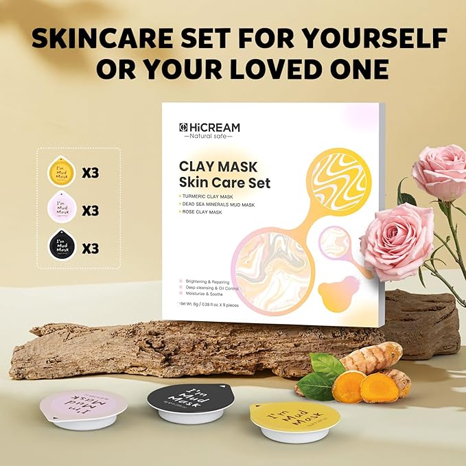 Clay Facial Mask Set 9 Pack - Turmeric Clay Mask - Rose Face Mask - Dead Sea Minerals Mud Mask, Skincare Gift Set - Brightening, Moisturize & Deep cleansing for Dry, Sensitive Skin