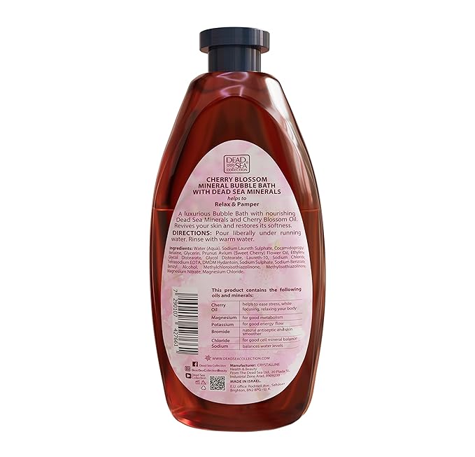 Dead Sea Collection Bubble Bath with Cherry Blossom for Women and Men – Cherry Seeds Oil and Dead Sea Salt - Nourishing and Moisturizing Skin - Pack of 2 (67.6 fl.oz)