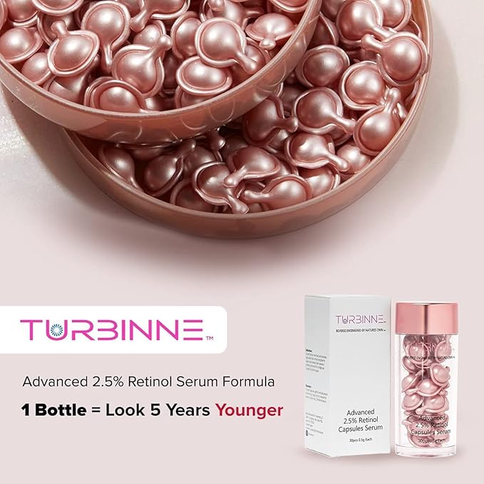 Turbinne Pure 2.5% Retinol Serum Capsules. Look 5 Years Younger In 30 Days. Powerful Anti -Aging, Deep Hydration, Brightening, Reduce Acne, Dark Spots & Wrinkles (30 Count)