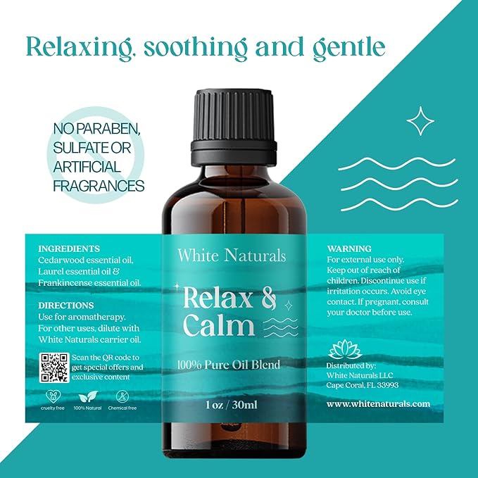 White Naturals Relax & Calm Essential Oil Blend – Soothing Aromatherapy Blend for Tranquility, 100% Pure & Natural, Perfect for Diffuser & Self-Care, 1oz
