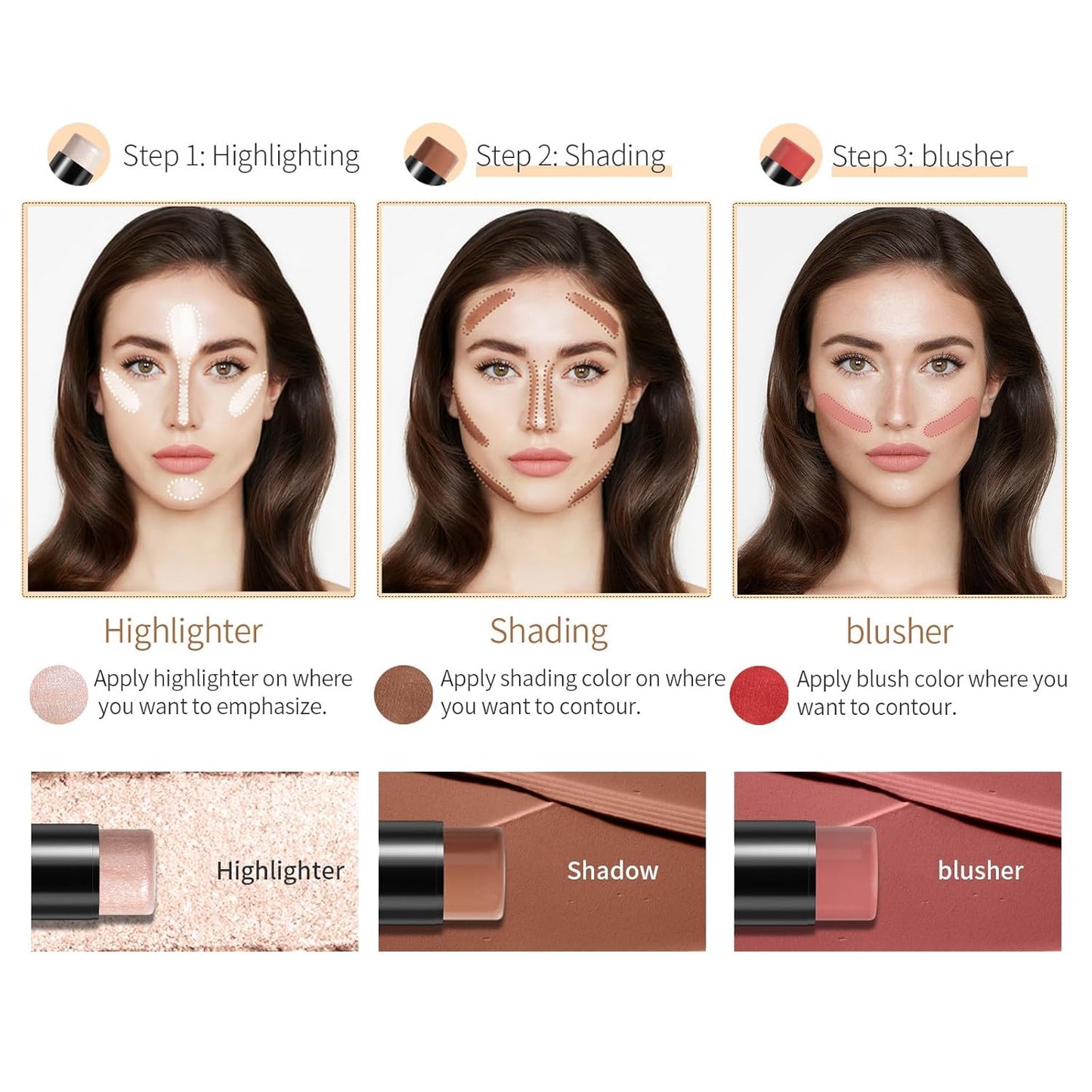 3pcs Face Contour Stick, Highlighter Stick Blush Stick Cream Contour Kit Makeup Set with Brush, Contouring Stick for Fair Skin, Concealer Stick Makeup Gift for Beginner Women Teen Girls