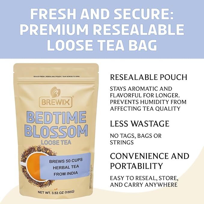 BREWIX, Bedtime Blossom Calming Tea For Sleep (50+ Cups) Herbal All Natural | Supports a Good Night’s Sleep | Night Time, Caffeine Free with Rooibos, Safflower, Chamomile and Lavender | Perfect for Bedtime | Relaxing Natural Nighty Night Sleeping Tea