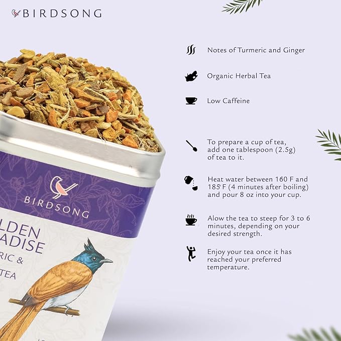 Birdsong Golden Paradise: Organic Turmeric and Ginger Herbal Teas with Lemongrass and Black Pepper, 100% Natural Caffeine Free Tea with Antioxidants Supports Overall Health, 18 Pyramid Tea Bag Sachets