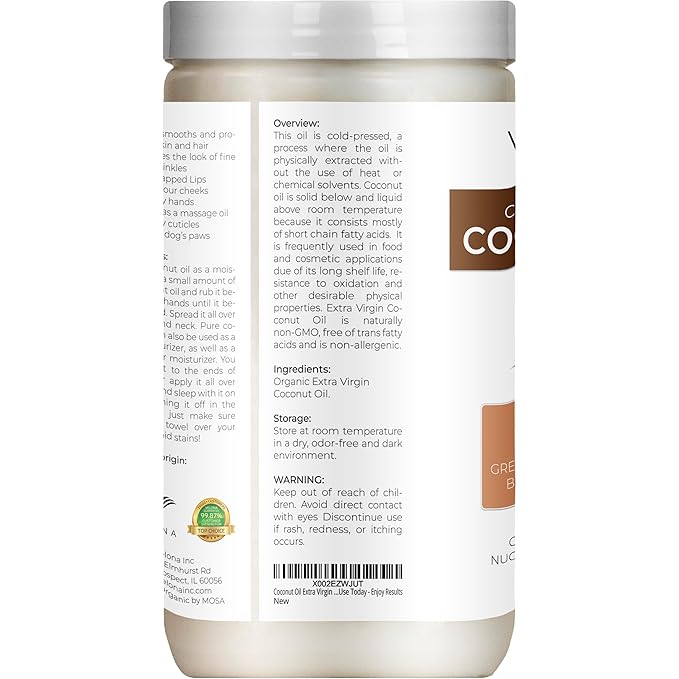 Velona USDA Certified Organic Coconut Oil Extra Virgin - 64 fl oz | Food and Cosmetic Grade | in jar | Extra Virgin, Cold Pressed