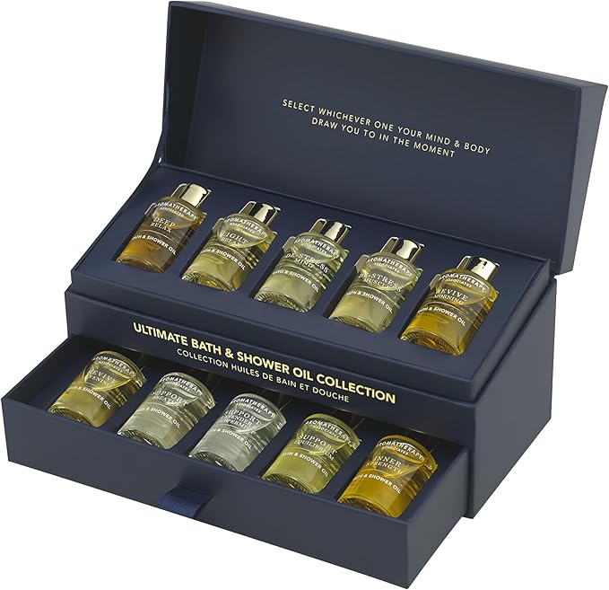 Aromatherapy Associates Essential Oil Blends for Dry Skin Oil & Body Oil for Men & Women, Luxury Shower Oil for Daily Aromatherapy Bath & Body Care, 10 Pack (0.30 fl oz Each), Decorative Gift Box