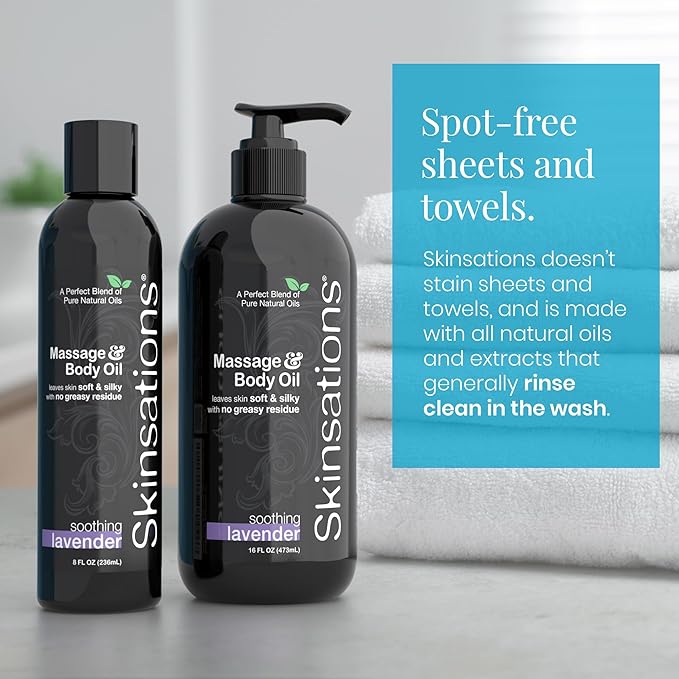 Skinsations - Lavender Massage Oil for Massage Therapy - 8oz | Non-Greasy, Blend of Fractionated Coconut, Sweet Almond, Grape Seed and Jojoba Oils | Scented Body Oil, Sore Muscles, Aromatherapy