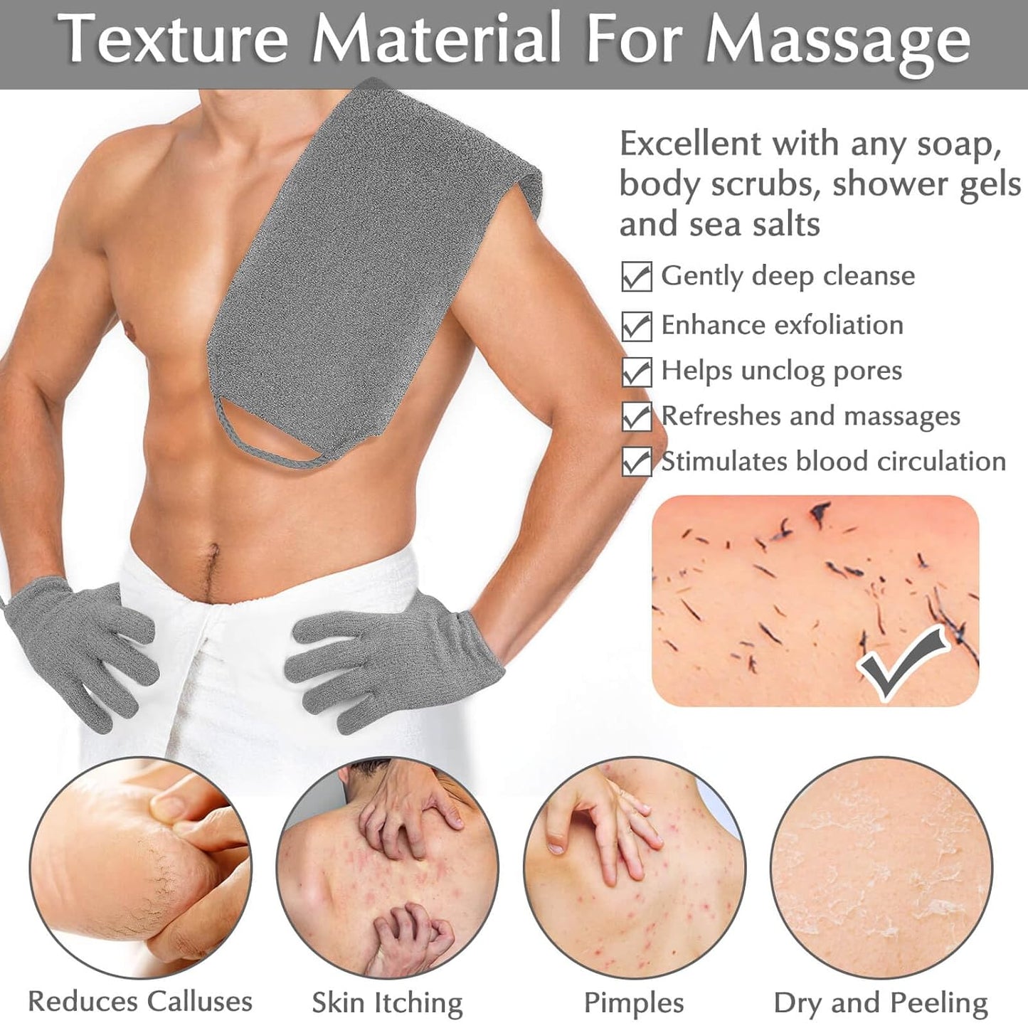 Anezus Exfoliating Back Scrubber Bath Gloves Set, Exfoliating Shower Towel with Shower Gloves for Body Scrub, Back Cleaner Wash Gloves to Remove Dead Skin (Grey)