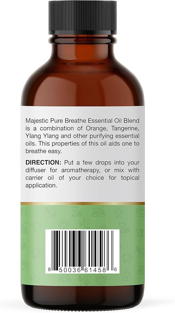 Majestic Pure Breathe Essential Oil Blend | 100% Pure Oil for Relaxation, Stress Relief | Orange, Lavender, Clary Sage Essential Oil for Diffusers & Aromatherapy | 1oz