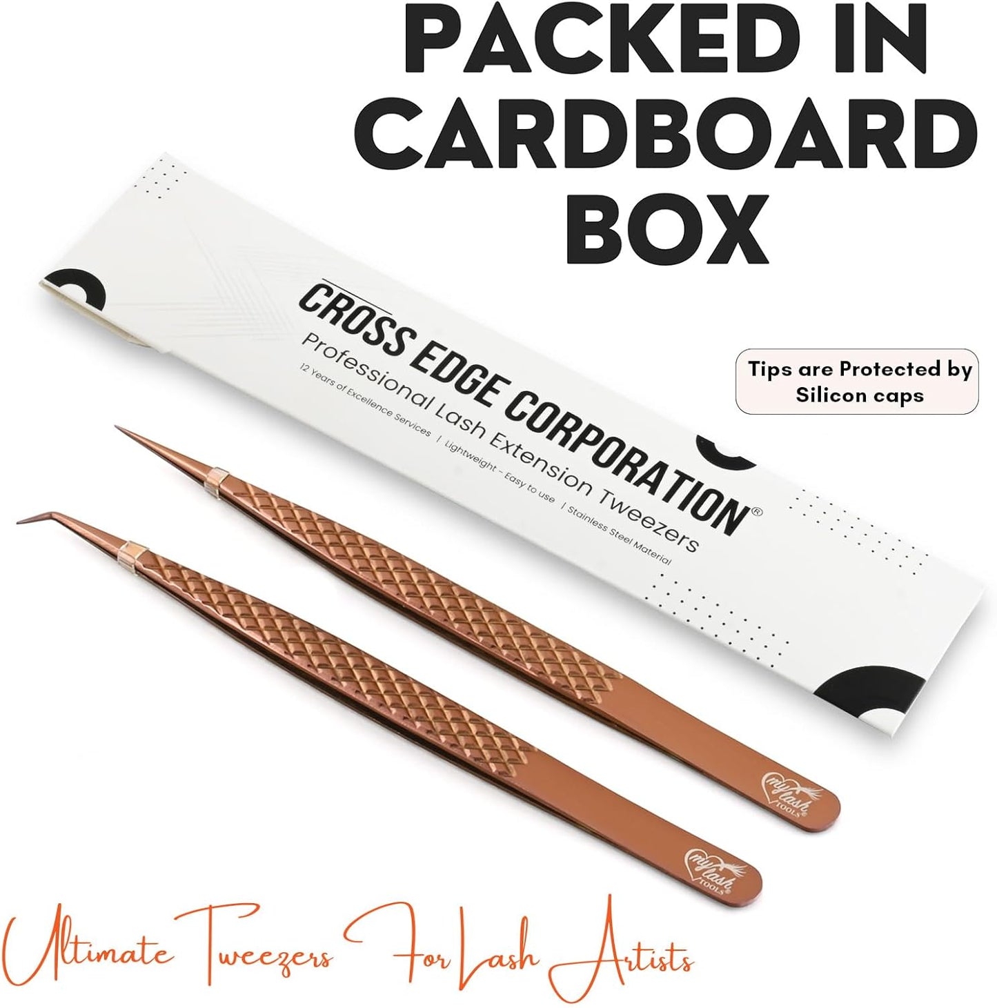 2pcs Curved & Straight Isolation Tweezers for Eyelash Extensions – 14cm Stainless Steel, Copper color Tweezer Set, Best for Classic & Individual Lashes, Professional Pinzas para Pestaña