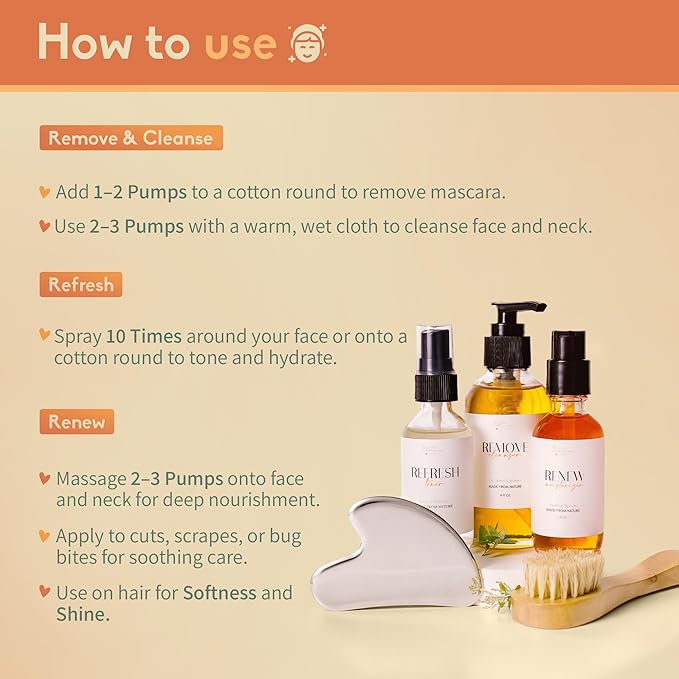 Healing Happy Method - Skin Care Set - 4 oz. Cleanser, Toner, Moisturizer, Body Oil, Gua Sha & Brush - Vegan Beauty Gift Sets - Skincare Kit for Nourished, Radiant Skin