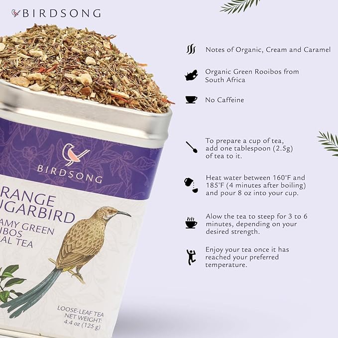 Birdsong Orange Sugarbird: Organic Green Rooibos Herbal Teas, Light and Refreshing Caffeine Free Tea with 100% Natural Sweet Creamy Flavor and Health Benefits, Decaffeinated Honeybush Loose Leaf