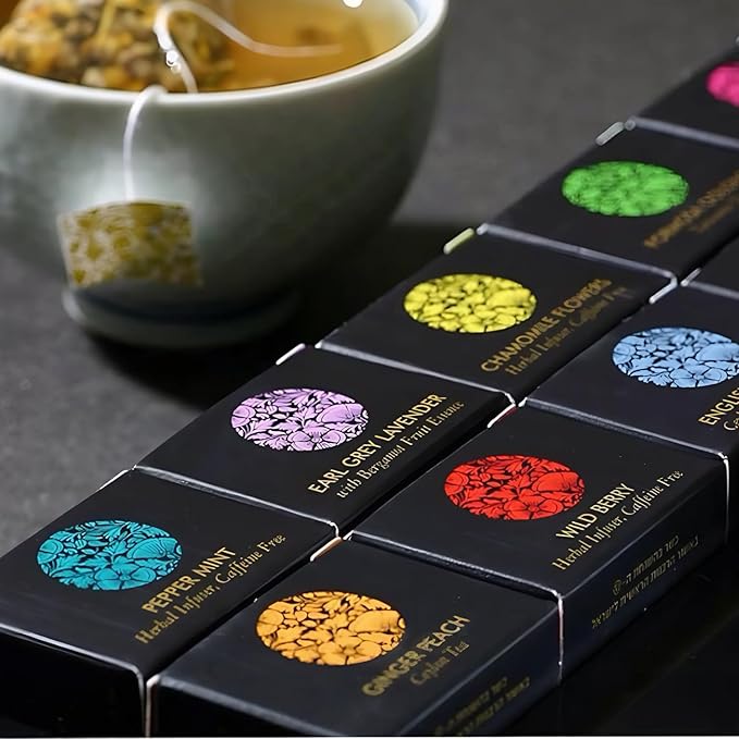 Ceremonie Tea Herbal Variety Pack - Kosher Set with Reusable Wooden Tray - Assorted Sampler With 10 Individually Wrapped Silky Mesh Bags - Single Serve Pouches