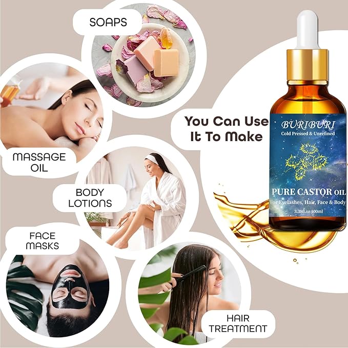 BURIBURI Castor Oil Pure Carrier Oil with Applicator Kit, 100% Pure, Organic, Cold-Pressed, Natural Castor Oil 100ml/3.38fl.oz