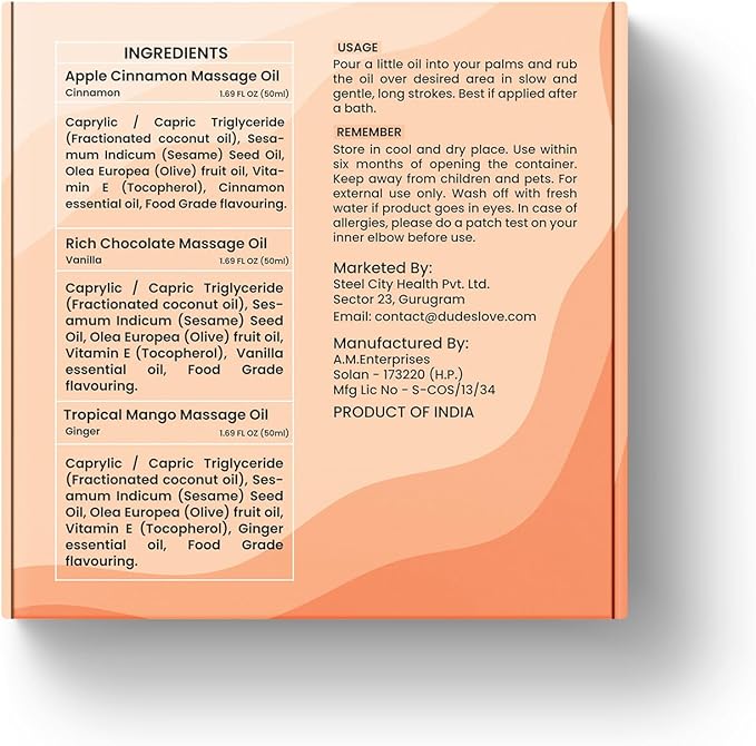 Dude's Love Luscious Flavored Massage Oil Set - Pack of 3 - Organic - Chocolate, Apple Cinnamon, Mango Ginger - Non-Sticky, Nourishing & Moisturizing - Aromatherapy Vegan Oil - 1.69 FL OZ x3