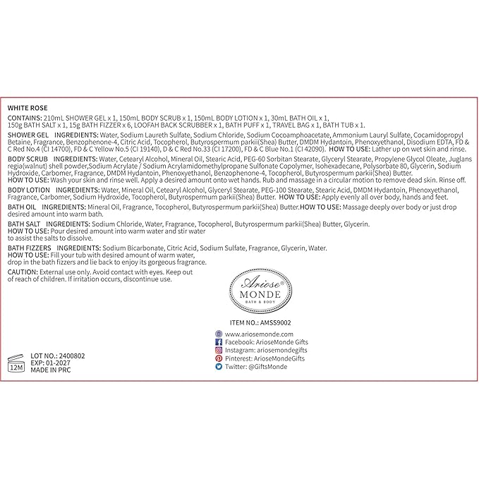 Fresh Rose Scented Spa Gift Set for Him & Her, 10-Piece Collection with Shower Gel, Bubble Bath, Body Lotion, Scrub, Salt, Bombs, Puff, Oil