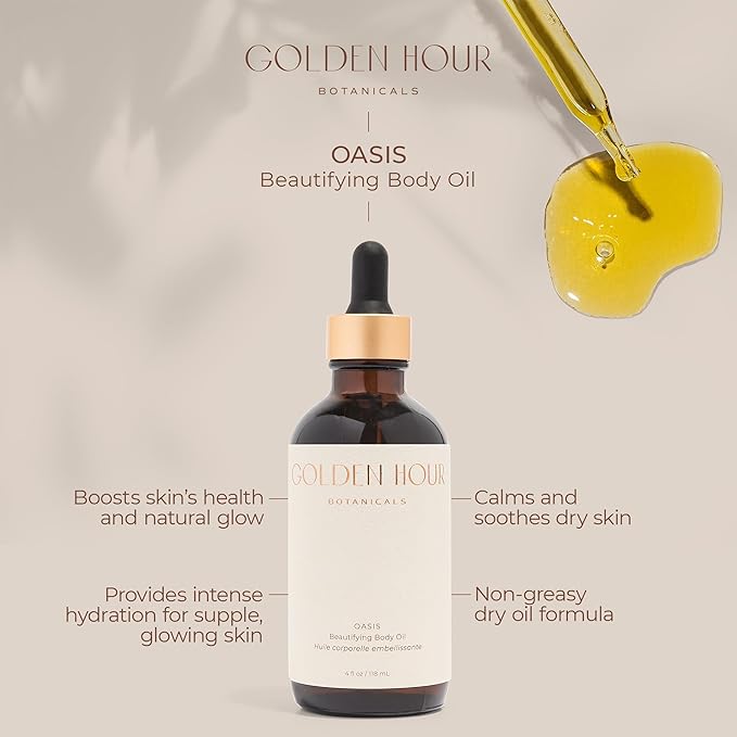 Organic Skin Care Products Made in USA, Vegan, Cruelty Free, Moisturizing + Hydrating Beautifying Body Oil with Rose Hip Oil, 4fl oz/118ml, Oasis