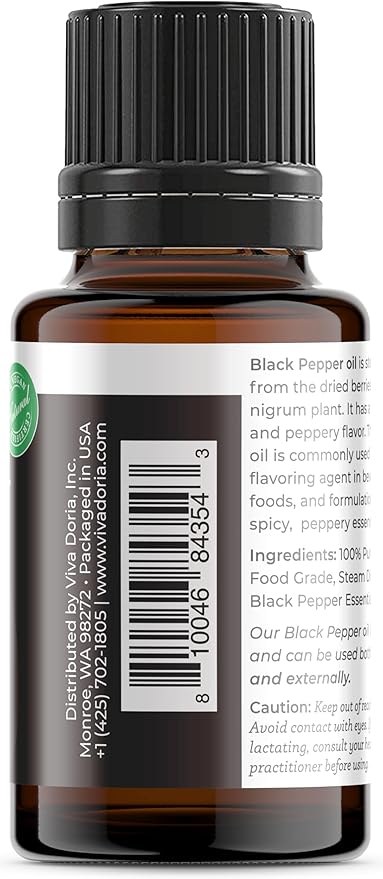 Viva Doria Black Pepper Essential Oil, 100% Pure, Natural Black Pepper Essential Oil, Undiluted, for Aromatherapy | Food Grade, 15 mL (0.5 Fluid Ounce)