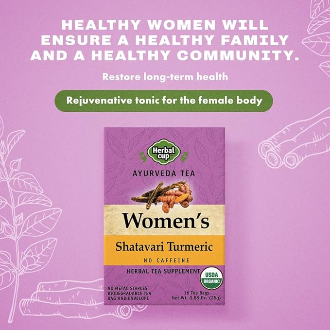Herbal Cup Ayurveda Women's Tea, Organic Shatavari Turmeric, No Caffeine Herbal Teas (Women's Shatavari Turmeric, 16 Count (Pack of 1))