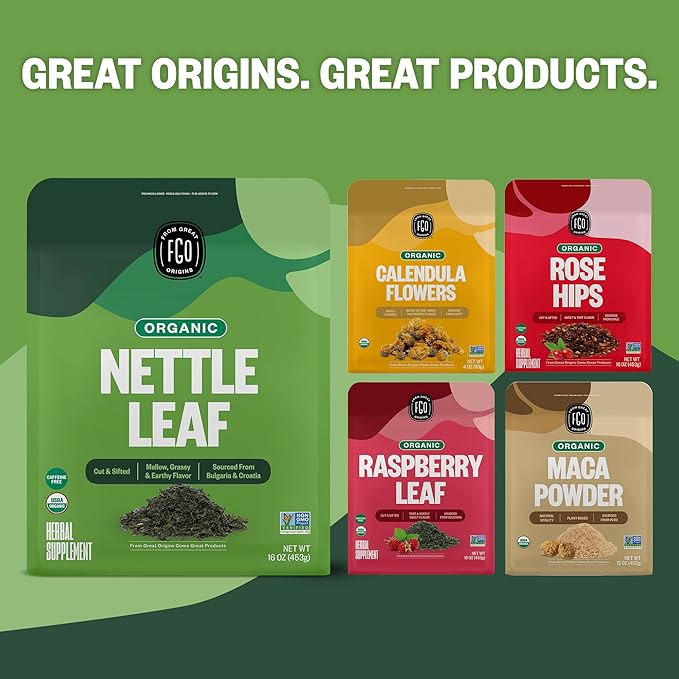 FGO Organic Nettle Leaf Loose Tea, Cut and Sifted, Caffeine Free, 16oz Bulk Resealable Bag, Packaging May Vary (Pack of 1)
