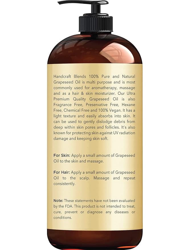 Handcraft Blends Grapeseed Oil - Cold-Pressed 16 Fl Oz (Pack of 2) - 100% Pure and Natural - Premium Grade Carrier Oil for Skin and Hair - Hair and Body - Massage - Hexane-Free