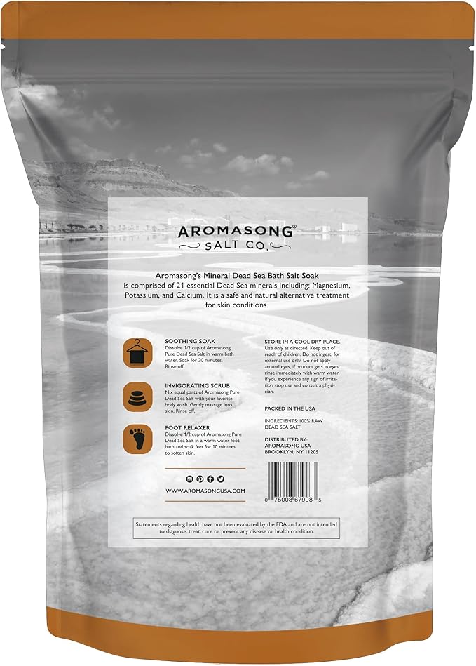 Aromasong All-Natural 2.43 Lb Raw Dead Sea Salt, Fine Medium Grain, Resealable Bulk Pack, Better Absorption & Leaves Your Skin Softer Than Epsom Salt (Packaging May Vary)