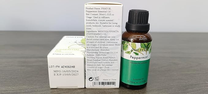 Peppermint Essential Oil, 1.01Fl.Oz (30ML) PHATOIL Pure Essential Oil Singles for Aromatherapy Diffusers, Humidifiers, Great for DIY Candle and Soap Making, Gift for Friend