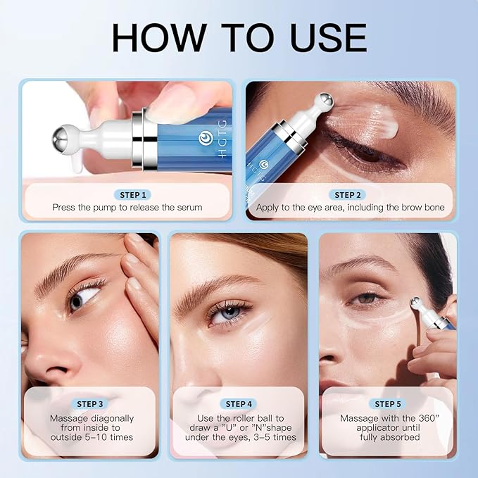 Eye Serum with 5% Caffeine & 5% Retinol for Dark Circles, Puffiness Puffy Bags & Wrinkles Fine Lines - Under Eye Cream Anti Aging Treatment with 360° Massage Roller Ball for Men & Women