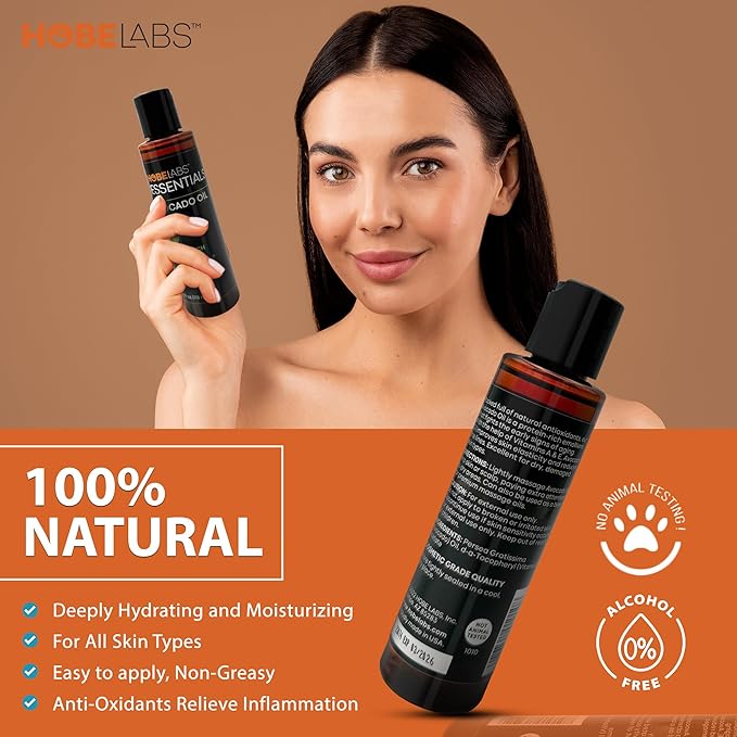 Hobe Labs Avocado Oil, 4 oz - Nourishes and Moisturizes Skin, Anti-Oxidants Relieve Inflammation, Protein Rich Emollient, Fights Early Signs of Aging