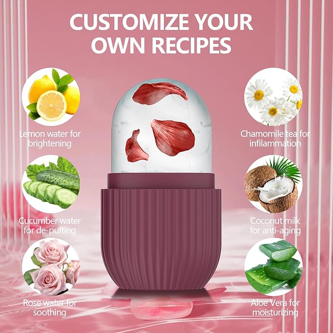 Ice Roller for Face and Eye, Silicone Ice Facial Roller Ice Holder, Face Ice Mold Skin Care, Face Icers Reusable Ice Cube Roller for Shrink Pores Anti Wrinkle Reduce Puffiness, Rose