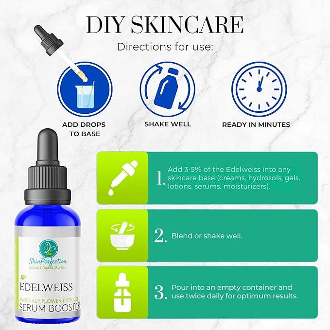 Skin Perfection Edelweiss Natural Derived Plant Antioxidant Extract Potent Anti-Aging Vitamin C Hydration Younger-Looking Skin Easy Add Dropper Make Your Own Skincare Hair Lotion Supplies