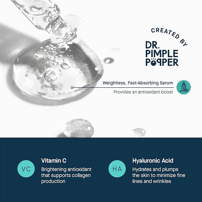 SLMD by Dr. Pimple Popper - Vitamin C Serum - Vitamin C Face Serum & Hyaluronic Acid to Visibly Smooth, Hydrate and Brighten Skin - Minimize Appearance of Fine Lines & Wrinkles - 1 Fl. Oz.