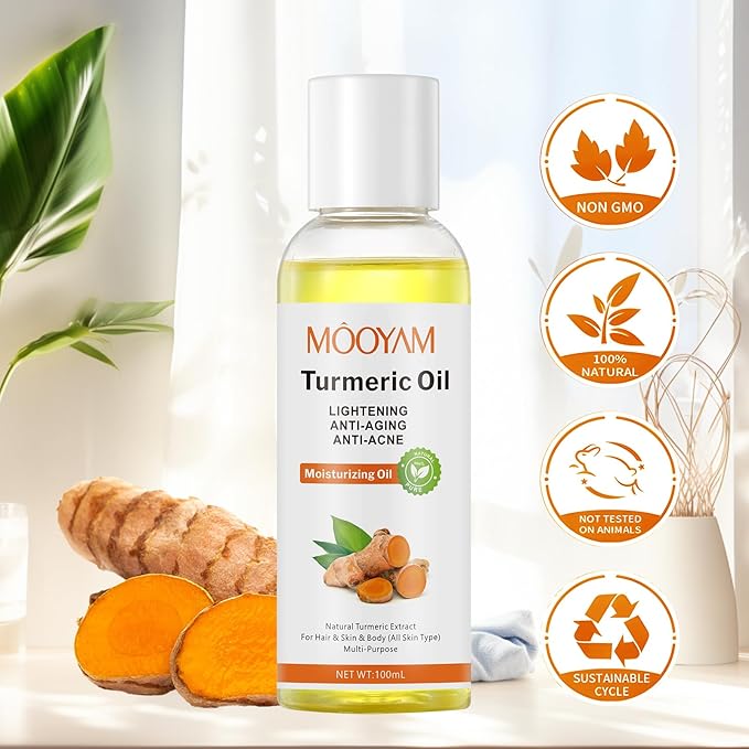 Turmeric Oil Organic Body Oil for Skin,Turmeric Essential Oil Massage Oil for Body and Face, Dark Spots, Ance, Hair Care, Moisturize Hydrating Turmeric Body Oil After Shower(100ml) Christmas Gifts